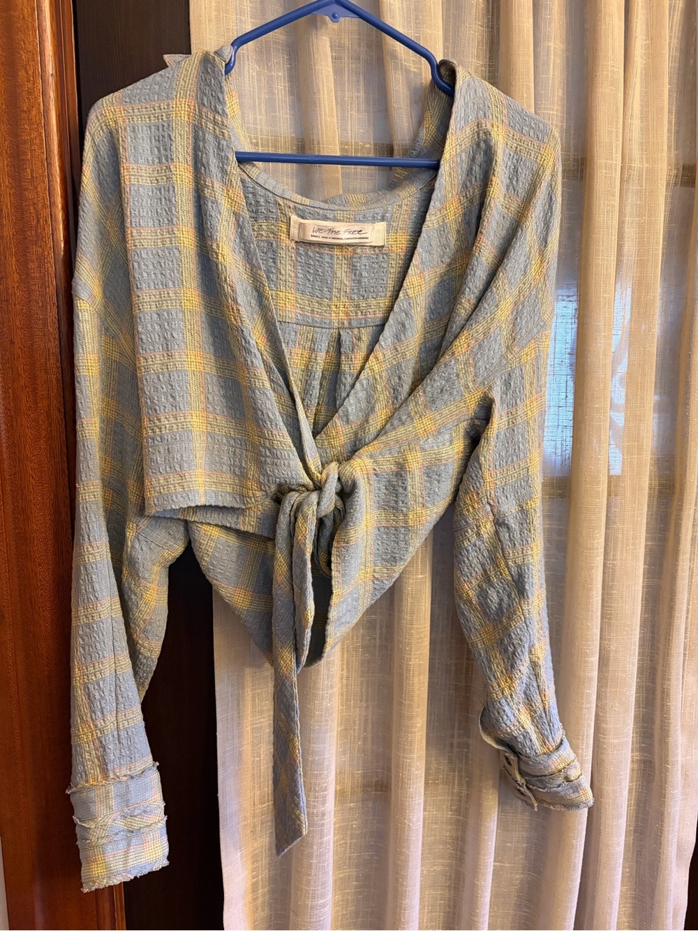 We The Free Blue & Yellow Plaid Tie-Front Blouse
